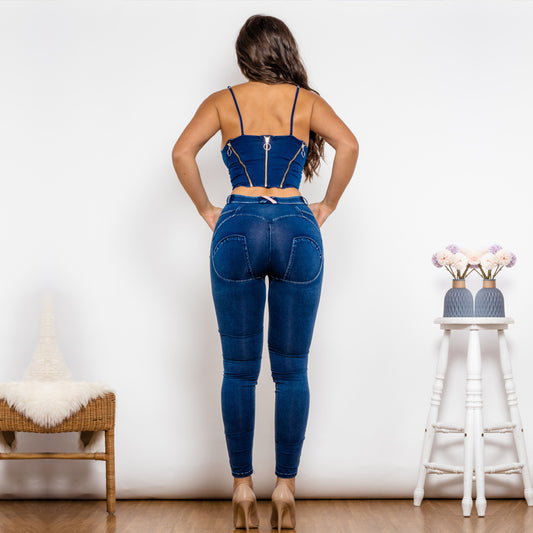 Shascullfites Shaper Set Dark Blue Washed Ripped Jeans Set Zipper Crop Top Club Party Set Of Two Fashion Pieces For Women
